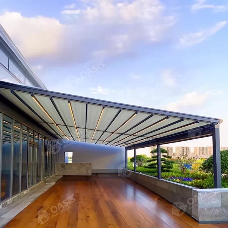 Industrial-Grade Aluminum Patio Cover UV-Resistant Polyester Canopy Commercial Retractable LED Sunsh
