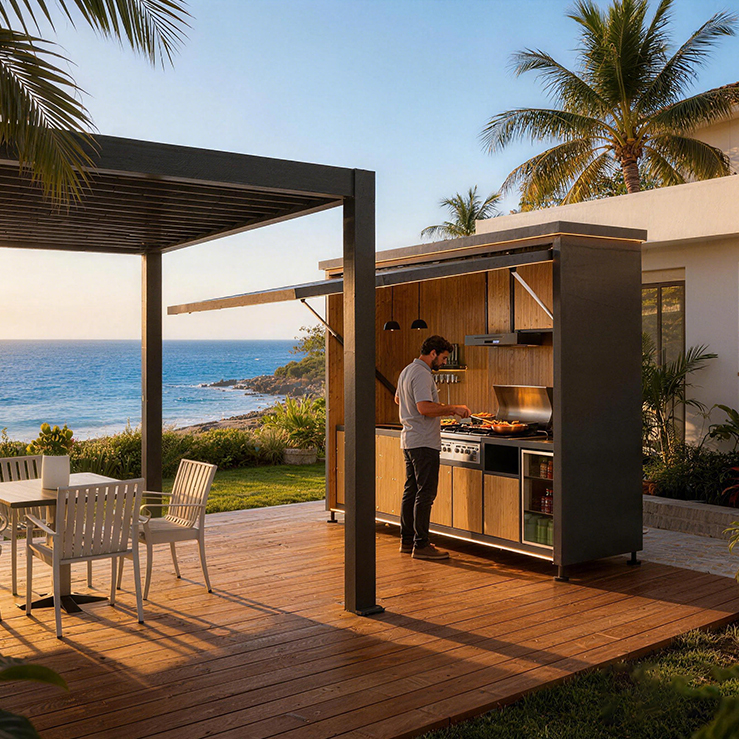 Outdoor Mobile Kitchen Cabinet, Electric Flip‑Up Lid Garden BBQ Kitchen Station