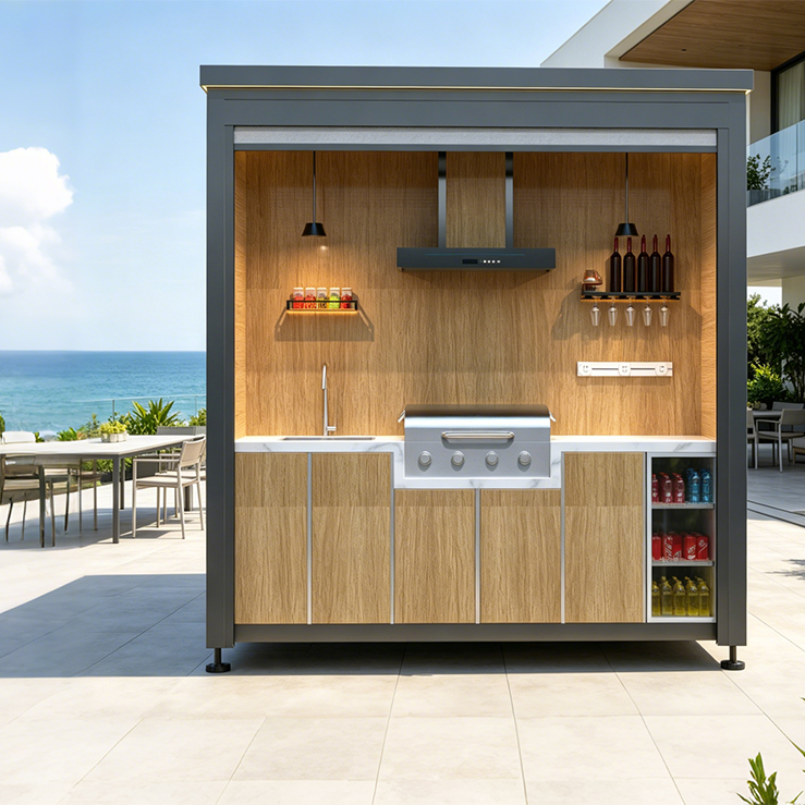 Outdoor Mobile Kitchen With Wind‑proof Roller Shutter, All‑in‑one Weatherproof Patio BBQ Cooking Sta