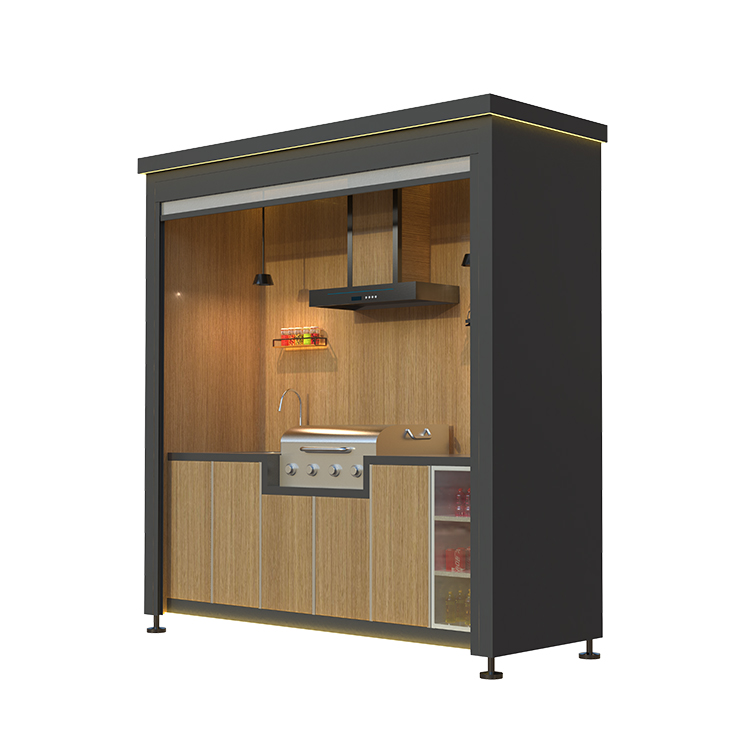 Outdoor Mobile Kitchen With Wind‑proof Roller Shutter, All‑in‑one Weatherproof Patio BBQ Cooking Sta