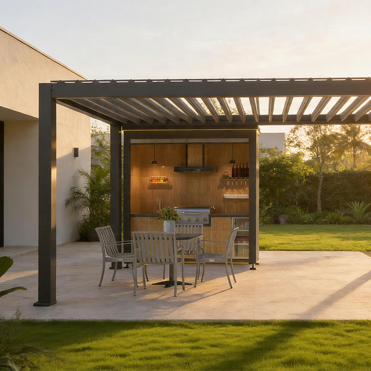Outdoor Mobile Kitchen With Wind‑proof Roller Shutter, All‑in‑one Weatherproof Patio BBQ Cooking Sta