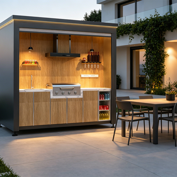 Outdoor Mobile Kitchen With Wind‑proof Roller Shutter, All‑in‑one Weatherproof Patio BBQ Cooking Sta