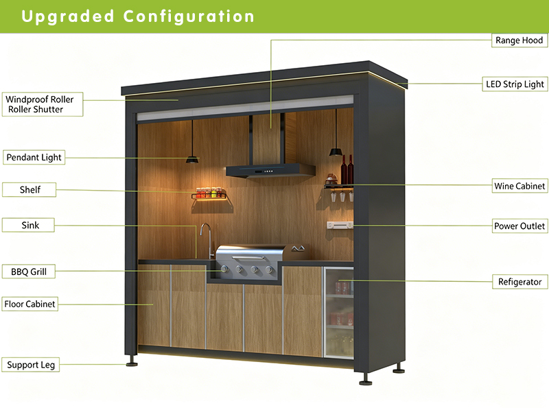 Outdoor Mobile Kitchen With Wind‑proof Roller Shutter, All‑in‑one Weatherproof Patio BBQ Cooking Sta